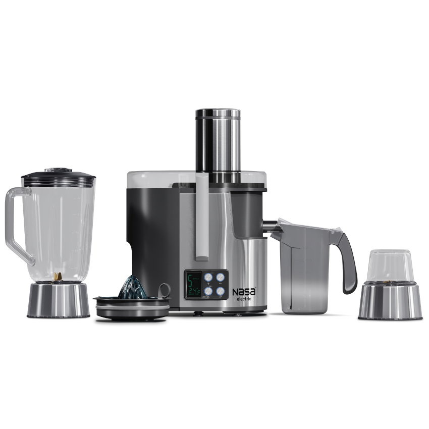آبمیوه‌گیر 4کاره ناسا الکتریک مدل NS-945 از نمای بغل با متعلقات همراه و پنل