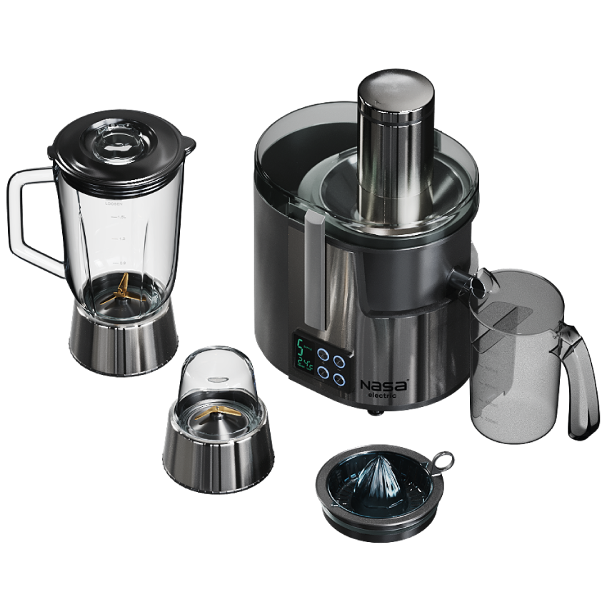 نمای پرسپکتیو آبمیوه‌گیر ۴ کاره ناسا الکتریک مدل NS-945 استیل